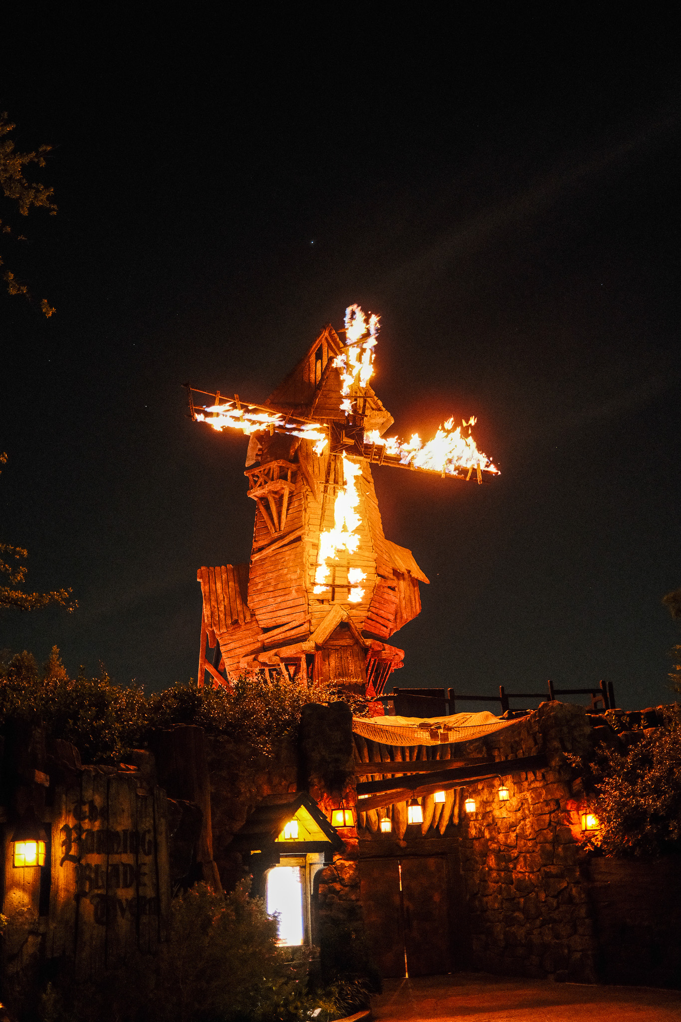 Burning windmill at night, Universal Orlando